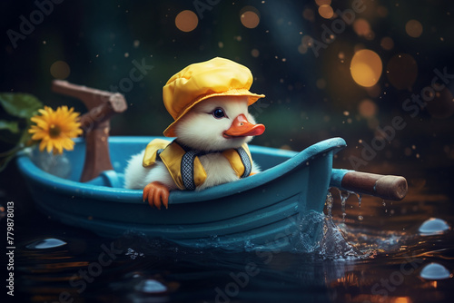 An adorable baby duckling wearing a sailor outfit, floating in a toy boat.
