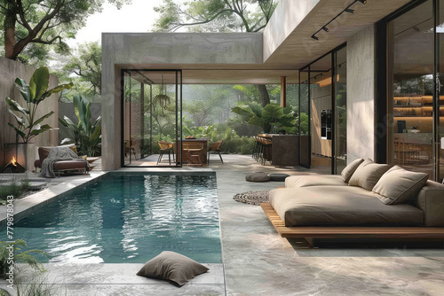 Modern house with pool and garden, interior design of modern living room in the style of concrete minimalism and use of natural materials, double height ceilings. Created with Ai