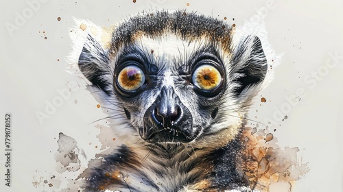 Lemur looking with wide eyes, curiosity and alertness concept, watercolor painting style.