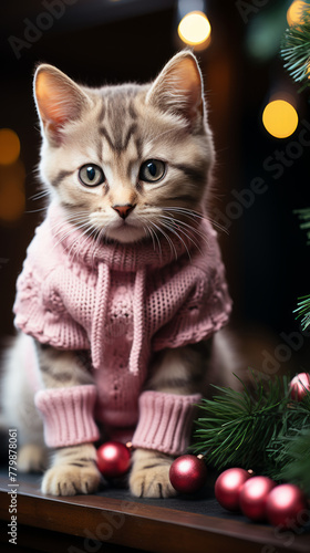 Cat in Sweater by Christmas Tree