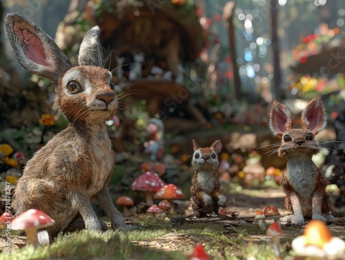 A rabbit is standing in front of a mushroom and two other rabbits. The scene is set in a forest with a lot of mushrooms and flowers photo