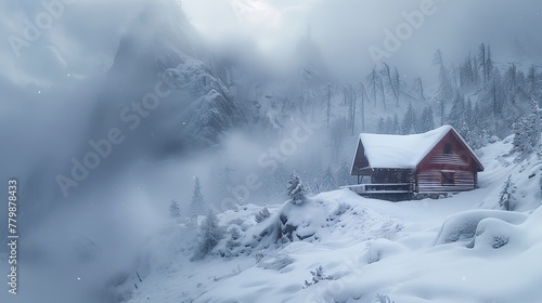 Blizzard engulfing a mountain cabin snow swirling © AlexCaelus