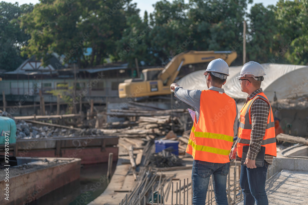 Construction engineer working on a bridge construction site over a river,Civil engineer supervising work,Foreman inspects work at a construction site,Discuss technical problems together Construction engineer working on a bridge construction site over a river,Civil engineer supervising work,Foreman inspects work at a construction site,Discuss technical problems together