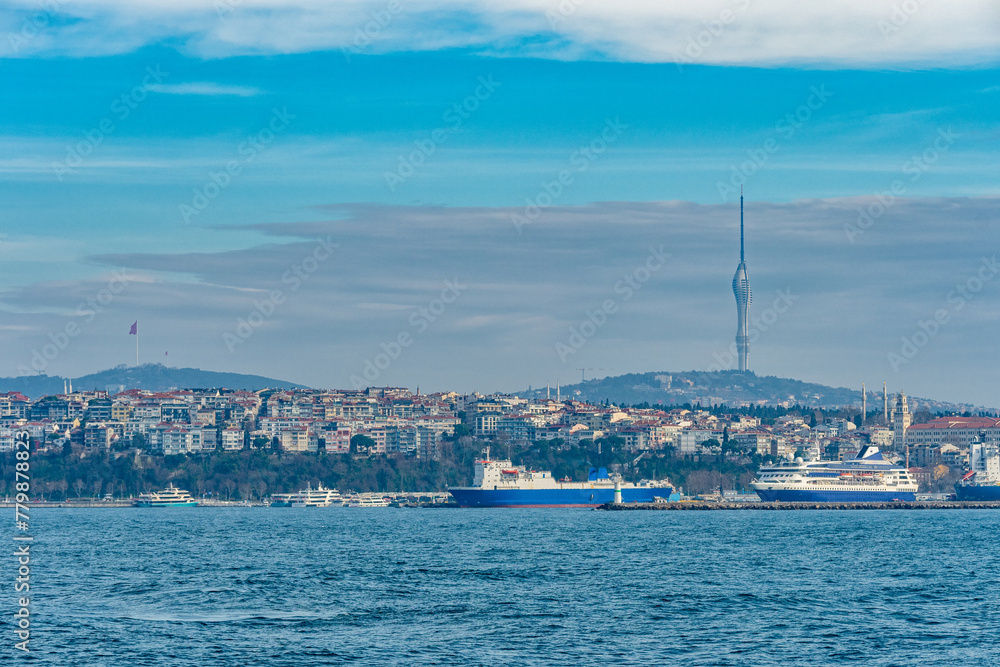 Landscape of Istanbul city with New Kucuk Camlica TV Radio Tower, a telecommunications tower with observation decks and restaurants.