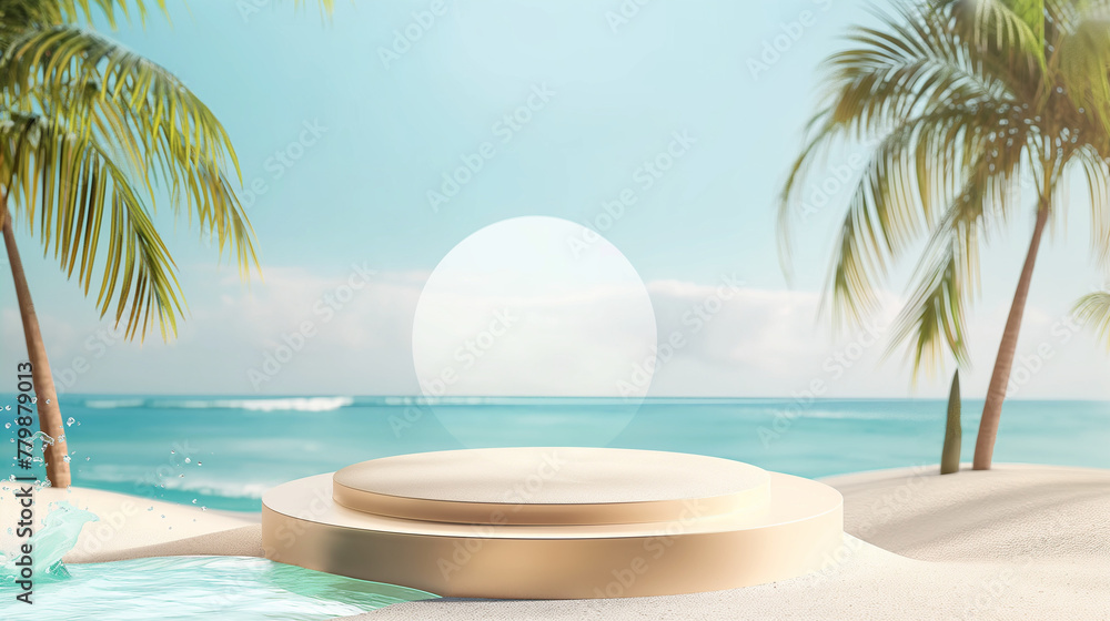 Obraz premium Beach podium summer background sand product 3D sea display platform. Beach podium summer banner stand scene sale sky holiday vacation stage water island sun travel pedestal promotion presentation