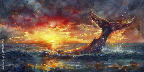 Capturing serenity as the whale's tail dances in the sunset-kissed ocean, embodying the essence of freedom and exploration in watercolor hues.