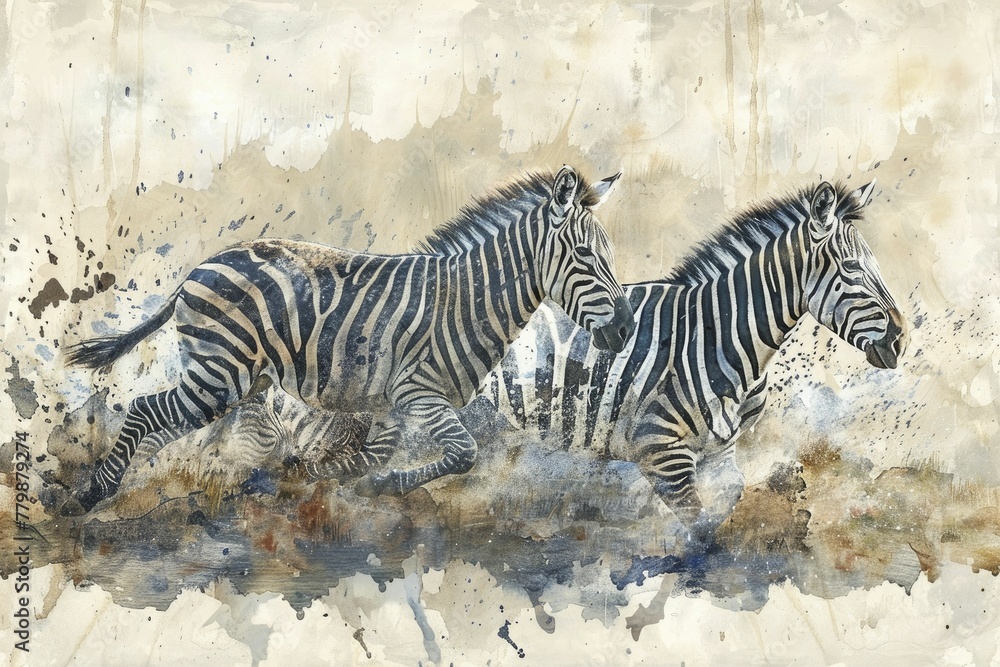 Fototapeta premium Witness the zebras' frantic dash from danger, embodying instinct and survival in a captivating watercolor depiction.