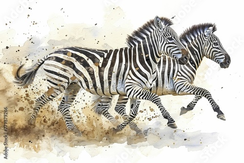 Zebras fleeing from predator  instinct and survival concept  watercolor painting style.