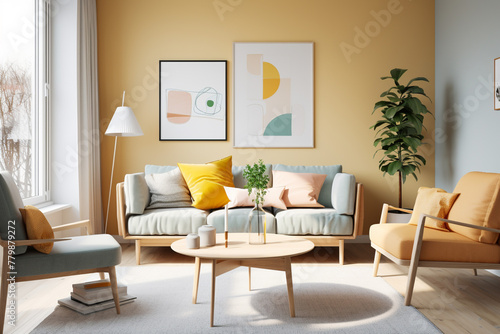 A modern Scandinavian living room with a bright color palette  clean lines  and carefully curated decor  creating a harmonious and inviting space  captured in HD.