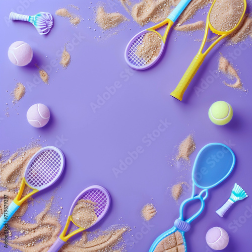 Creative summer sales banner with lots of small tennis rackets and little tennis balls that look like ice cubes and sand scattered everywhere. The background is purple.