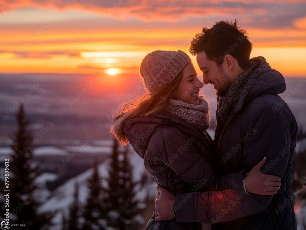 A couple is hugging each other in the snow, with the sun setting in the background. Scene is warm and romantic, as the couple shares a special moment together