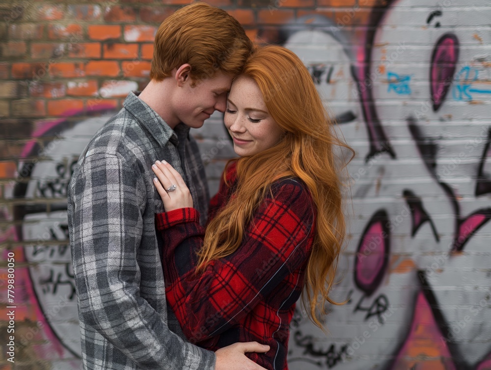 A man and woman are hugging in front of a graffiti wall. The man is wearing a plaid shirt and the woman has red hair. Scene is warm and affectionate