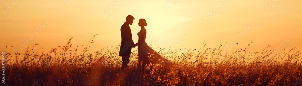 Couple Exchanging Vows During Magical Golden Hour Sunset in Field