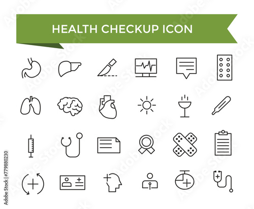 Health checkup icon collection. Hospital and medical care. Medical care service symbol set.