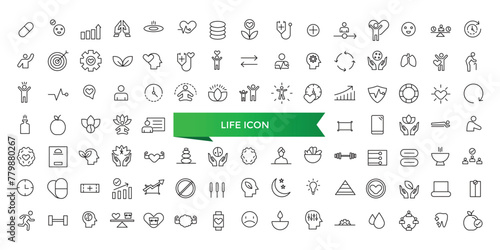 Life icon collection. Related to lifespan, soul, vitality, life insurance, wellness, existence, pulse, harmony and more. Line vector icons set.