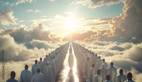 a group of people standing on a road leading to the sky photo