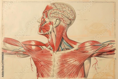 An anatomical diagram of the muscular system, showing the interconnectedness of muscles. photo