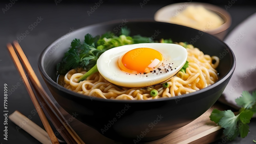 Noodles with egg in the bowl