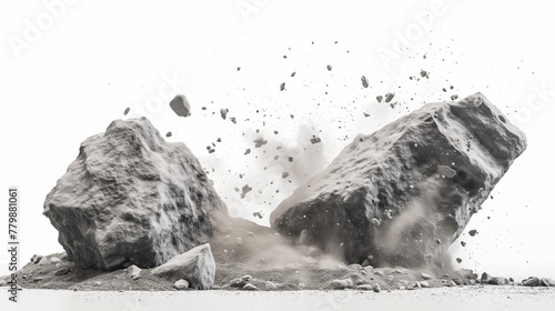 Rock stone white background fall black falling space isolated splash dust mountain cliff flying. Earth stone boulder texture rock abstract broken powder white dirt blast float burst fantasy surface photo