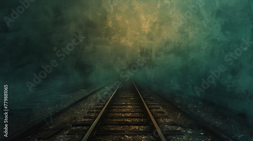 A train track with a dark, gloomy atmosphere