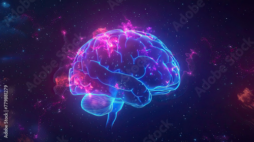 Human Brain Made by Neon Glow is Hovering on a Black Background
