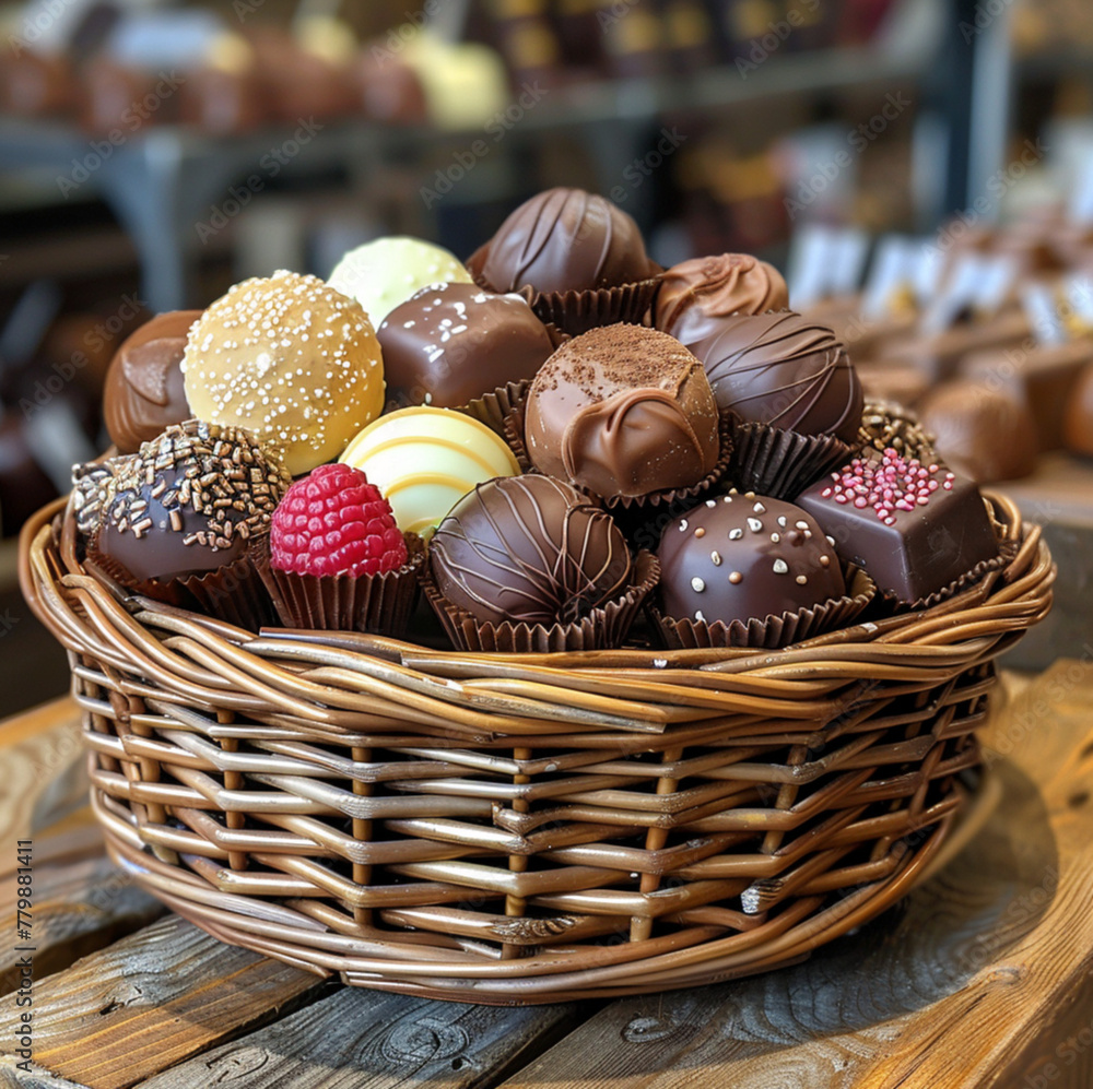 A basket of chocolates on a wooden table