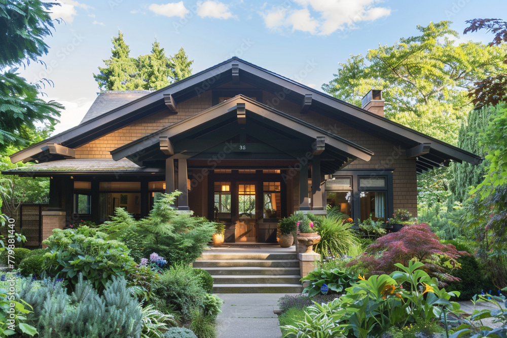 A Craftsman bungalow with an emphasis on vertical lines, featuring a steeply pitched roof, tall, narrow windows, and a front porch with slender columns, set in a lush garden.