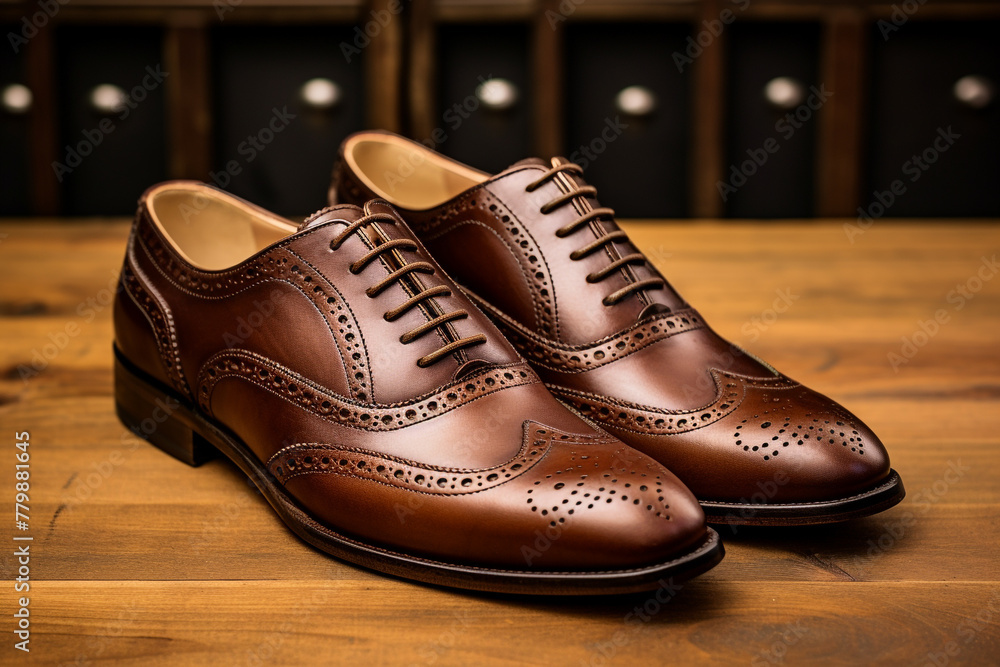 A pair of classic brown leather brogues with punched detailing on a vintage wooden floor.