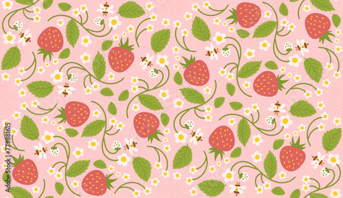 Strawberry-themed seamless pattern design featuring delightful berries, flowers, green leaves, and a tiny bee. Recurring surface design suitable for home apparel, textiles, wrapping paper