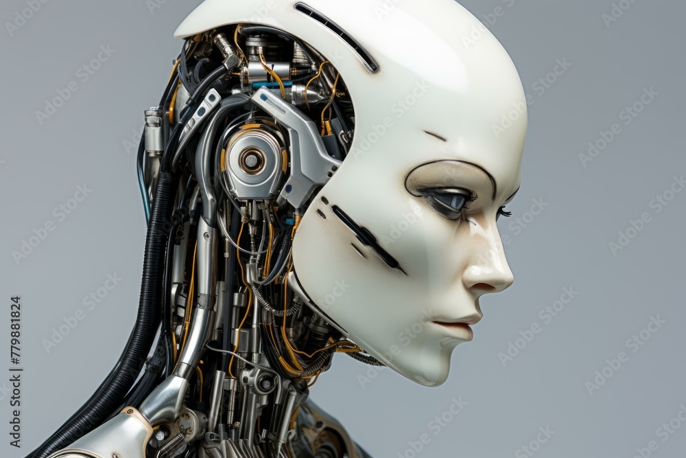 High-tech Robot female head. Metal science. Generate Ai High-tech Robot female head. Metal science. Generate Ai