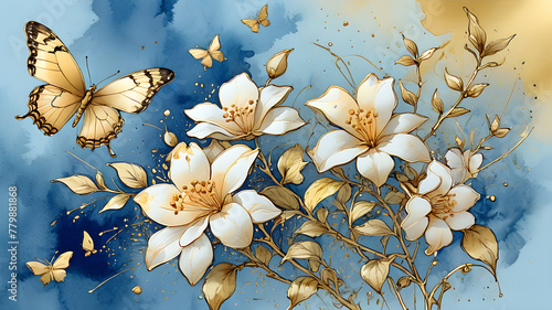 branch of blooming jasmine on blue and gold and colorful butterflies painted ...
