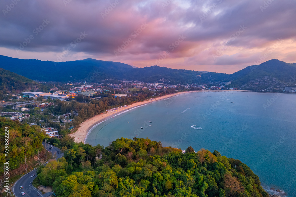 Aerial top view panorama sunset Kamala beach with sea of Phuket paradise. Concept tropical travel photo Surin, Thailand