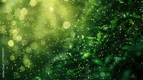 A sparkling green glitter background that evokes the shimmering leaves of a forest.