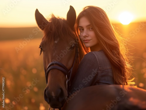 A woman is standing next to a horse in a field. The sun is setting in the background, casting a warm glow over the scene. The woman is enjoying her time with the horse © MaxK