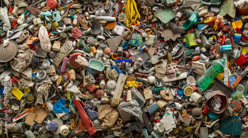 A collection of compressed mixed waste, primarily plastics and assorted garbage, is compacted together.