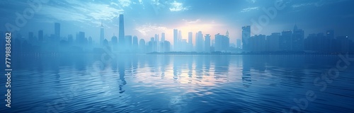 beautiful cityscape in blue misty colors