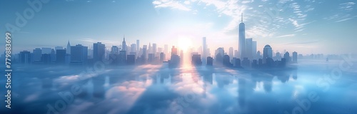 beautiful cityscape in blue misty colors