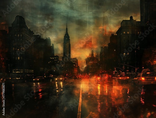 A city street with a fire in the background. The fire is orange and the sky is dark. The street is wet and there are cars driving on it