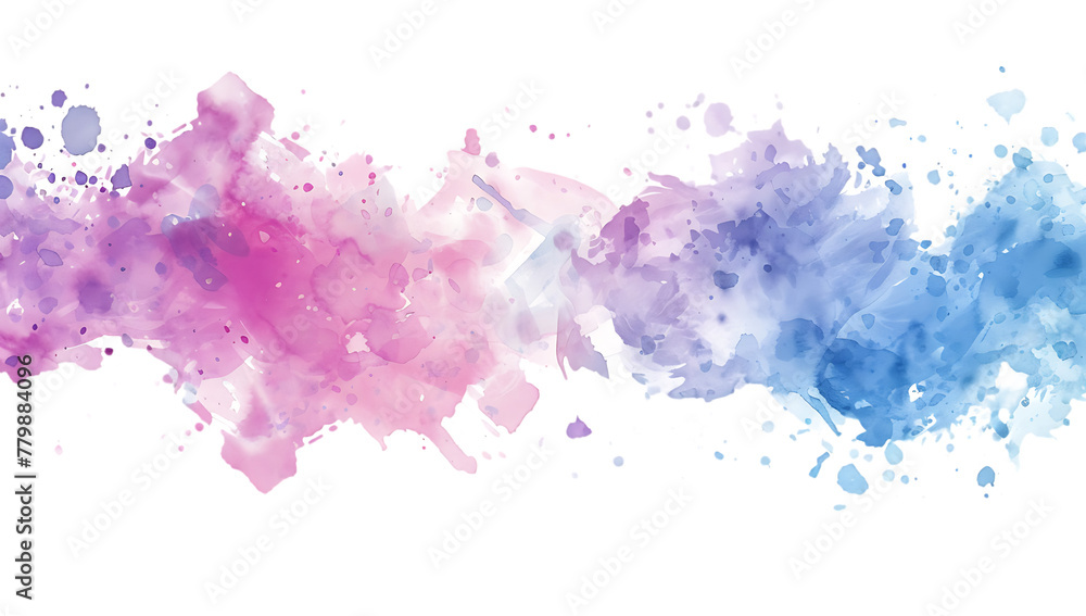 Watercolor pink, purple and blue colors splashed, white background