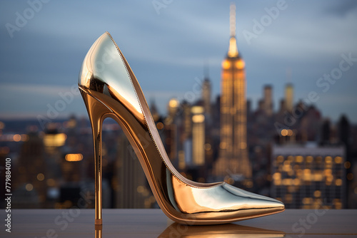 A pair of metallic gold stilettos with a sleek pointed toe, captured against a glamorous cityscape.