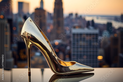 A pair of metallic gold stilettos with a sleek pointed toe, captured against a glamorous cityscape.