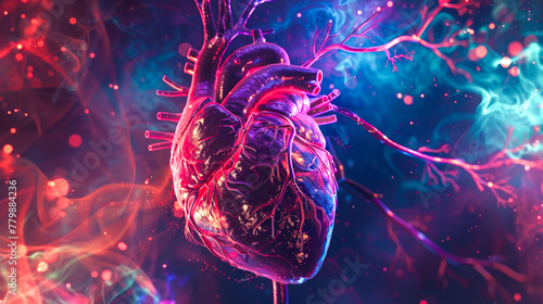 An artistic interpretation of a human heart surrounded by a network of pulsating arteries and veins, highlighted with luminous colors and a dynamic backdrop