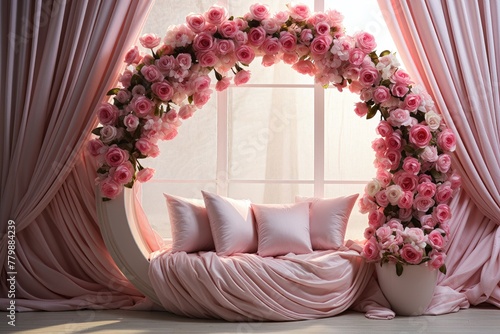 A cozy interior nook adorned with an arch of pink roses, creating a romantic atmosphere. photo
