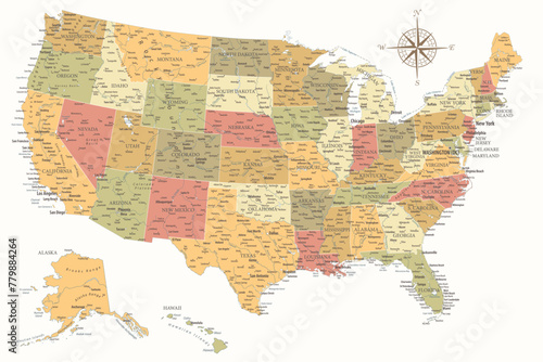 United States - Highly Detailed Vector Map of the USA. Ideally for the Print Posters. Warm Vintage Colors. Retro Style