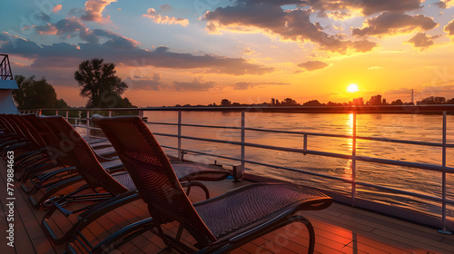 Sunset river cruise with inviting chairs - Ai Generated