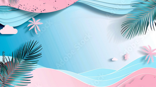 Tropical summer scene background with beach vacation holiday theme with pink waves layer, blue sky and copy space. photo