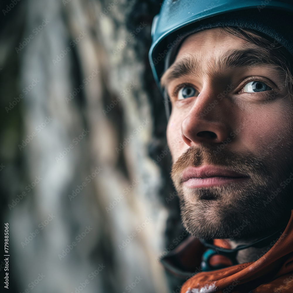 Pensive Mountain Climber with Helmet, Reflective Close-Up Portrait. AI Generation Pensive Mountain Climber with Helmet, Reflective Close-Up Portrait. AI Generation