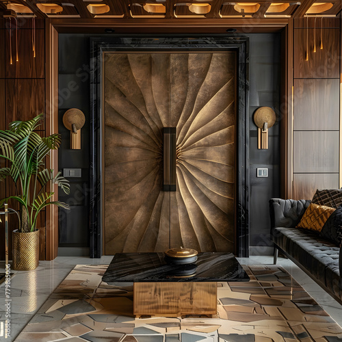 Art deco opulence elevator design with geometric pattern, luxurious material bold and metallic