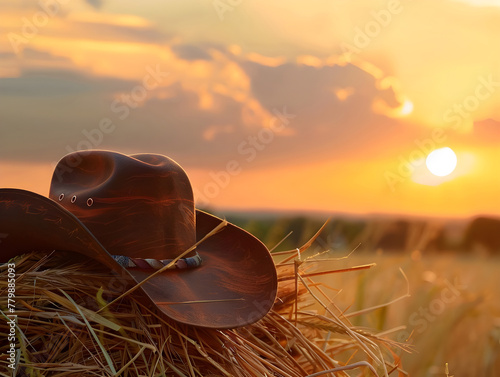 Sunset glow on cowboy hat atop hay bale - Ai Generated