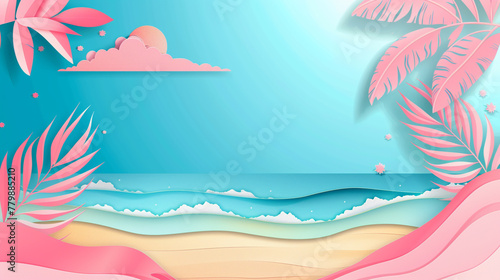 Tropical summer scene background with beach vacation holiday theme with pink waves layer, blue sky and copy space. photo